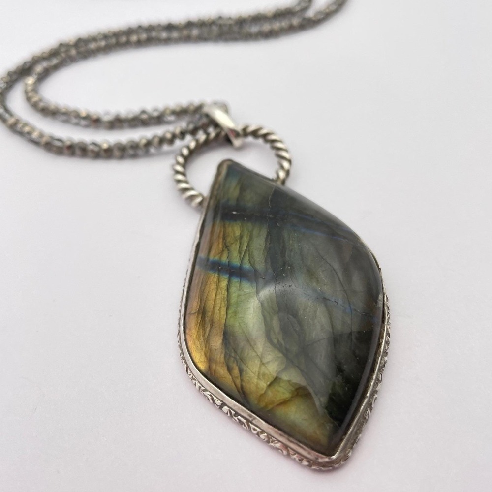 Handmade Vintage Large Labradorite Pendant Necklace Beaded Chain
